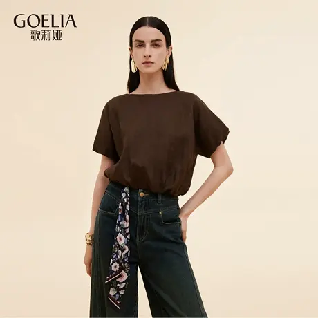 歌莉娅秋季新品全亚麻圆领短袖上衣1E8L3B500图片