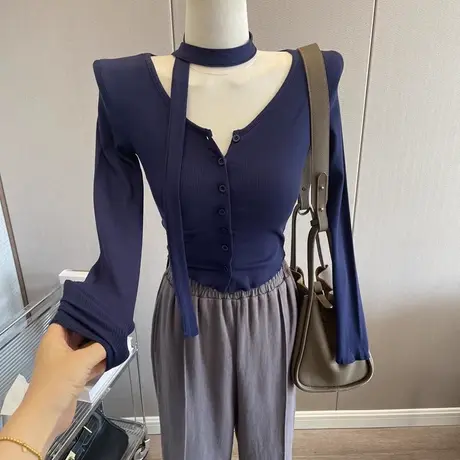 显胸大~纯欲韩版长袖T恤女围巾飘带紧身上衣短款开衫打底衫春新款商品大图
