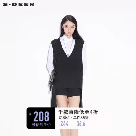 sdeer圣迪奥女装春装复古V领肌理拼接马甲羊毛针织衫S21383520⌚商品大图