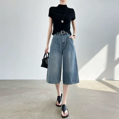 七分美式牛仔短裤女夏季薄款高腰宽松直筒水洗复古小个子阔腿中裤图片