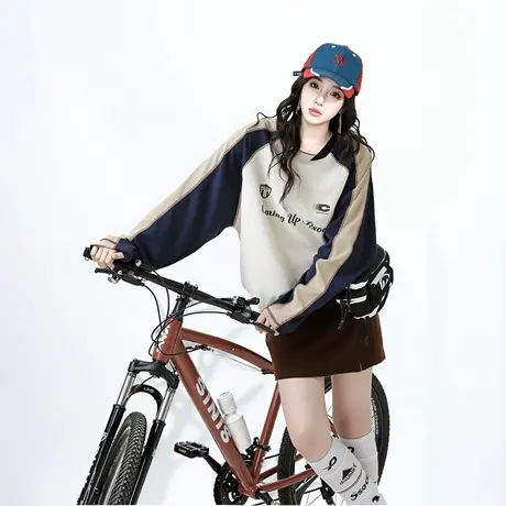 复古拼接插肩袖美式风球服卫衣男女春季新款印花情侣装无帽上衣商品大图