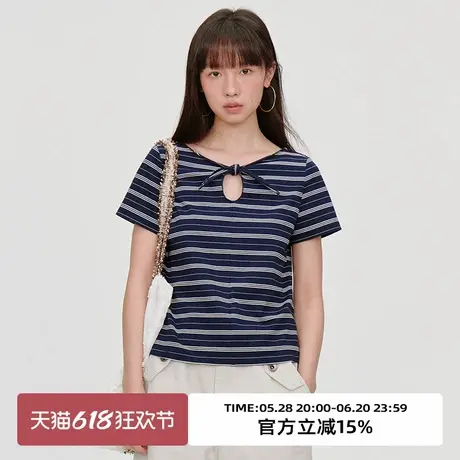 omont蛋挞家复古慵懒宽松休闲条纹短袖T恤2025夏通勤经典正肩上衣商品大图