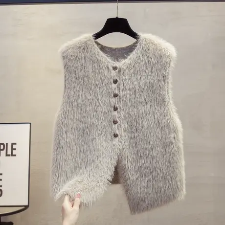 开衫仿水貂绒圆领针织马甲背心女2025春秋新款外穿马夹毛衣坎肩潮商品大图