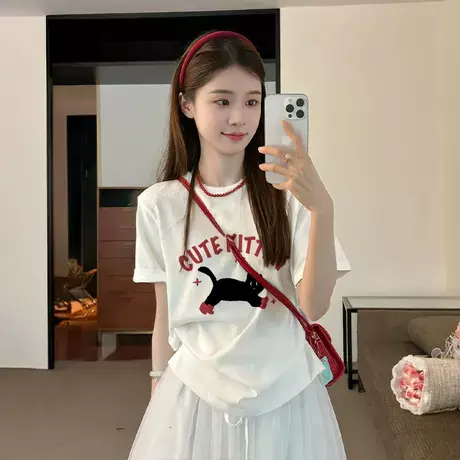 短袖t恤2025新款爆款夏季白色纯棉落肩可爱半袖上衣设计感小众女商品大图