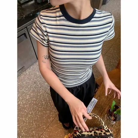 美式复古chic条纹T恤女夏季撞色设计感减龄修身打底上衣正肩短袖图片