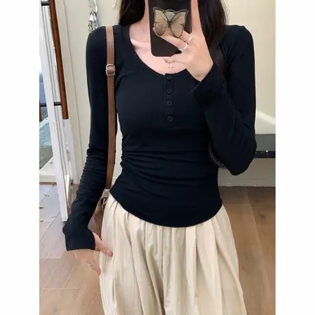 U领正肩露锁骨长袖T恤女秋冬季德绒磨毛打底衫内搭修身短款上衣潮商品大图