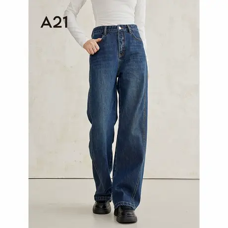 A21女装复古深蓝色牛仔裤2024秋冬新款百搭长裤自然腰宽松直通裤商品大图