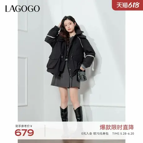 LAGOGO收腰羽绒服女拉谷谷2024年冬季新款黑色连帽立领宽松外套商品大图