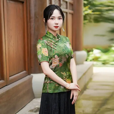 筠雅夏季新款新中式国风绿色上衣民国复古年轻款唐装短袖女25J242图片