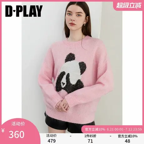 DPLAY秋卡通熊猫圆领羊驼毛羊毛混纺毛衣宽松针织衫上衣女商品大图