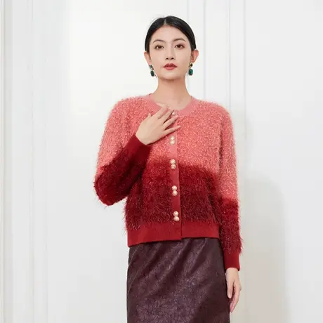 希区瑞普慵懒风毛绒绒高级渐变色女温柔风低圆领百搭针织衫图片