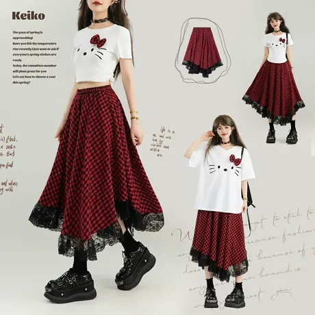 KEIKO 苏格兰情调红格子半身裙2025秋季复古风不规则蕾丝花边长裙商品大图