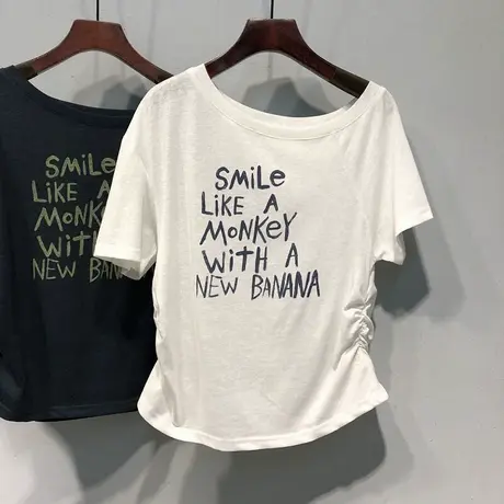 纯欲性感斜肩露肩短袖T恤女夏季2025新款修身韩版美式辣妹上衣潮商品大图