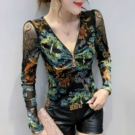 性感V领拉链T恤女装复古印花上衣网纱拼接紧身内搭打底衫女长袖春商品大图