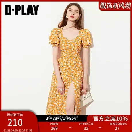 DPLAY夏装黄色复古茶歇法式泡泡袖短袖气质度假海边碎花连衣裙女商品大图