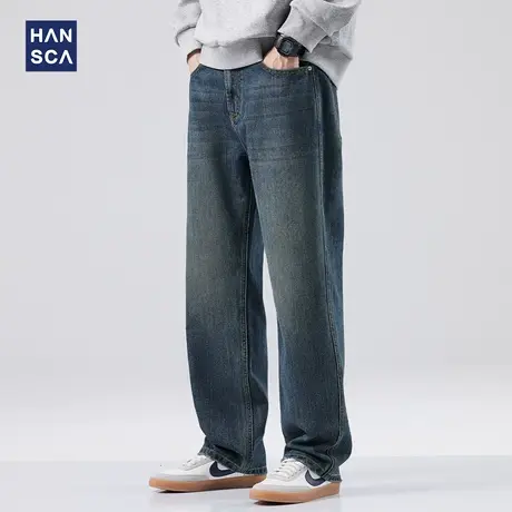 hansca弹力牛仔裤男2023新款秋季潮牌复古休闲水洗宽松直筒阔腿裤商品大图