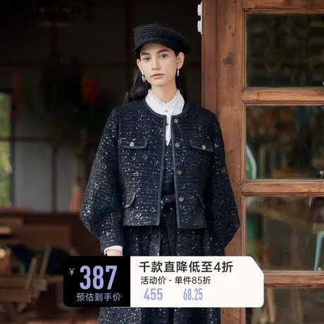 sdeer圣迪奥女装小香风圆领花边毛呢泡泡袖外套S23462208图片