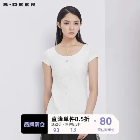 sdeer圣迪奥t恤女夏女素雅简约圆领镂空绣花斜摆短袖T恤S192A0197图片