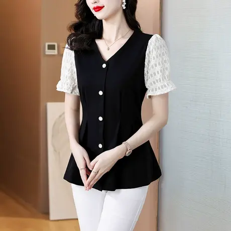 高级感气质女士衬衫短袖夏装新款胖MM大码宽松显瘦遮肚子女上衣商品大图