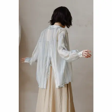 弥古蓝色条纹衬衫外套女夏新款天丝开衫薄款长袖防晒衬衣外搭上衣商品大图