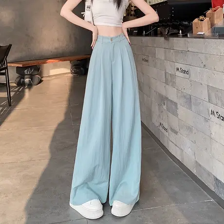天蓝色山本阔腿裤女春夏2025新款高腰冰丝棉麻垂感休闲宽松拖地裤商品大图