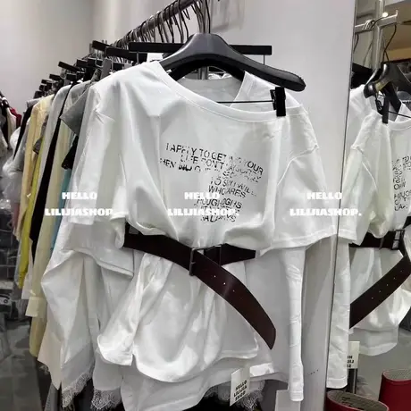 韩国东大门夏季款美式字母印花配腰带宽松斜领露肩短袖T恤女上衣商品大图