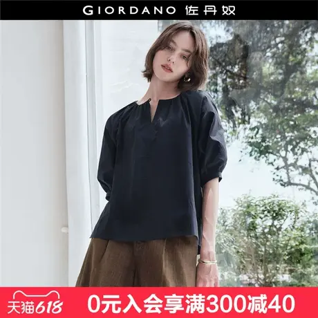 设计师款佐丹奴五分袖衬衫女夏季宽松收褶中袖圆领衬衫女18345611图片