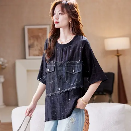 宝诗黎【新品价188元】蝙蝠袖牛仔拼接T恤APV5007图片