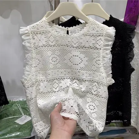 韩版高腰短款显瘦无袖蕾丝衫女夏季款高级感重工镂空花边袖小衫图片
