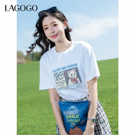LAGOGO猫咪印花短袖女拉谷谷2025夏新款宽松休闲T恤显瘦直筒裤Z商品大图