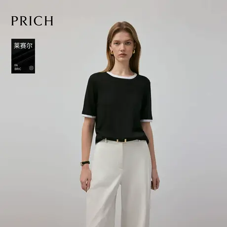 【含莱赛尔】PRICH时尚撞色短袖针织衫2025夏新款休闲通勤上衣女商品大图