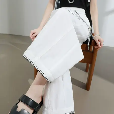 哈伦牛仔裤女夏季薄款高腰宽松白色裤子阔腿小个子九分气球弯刀裤商品大图