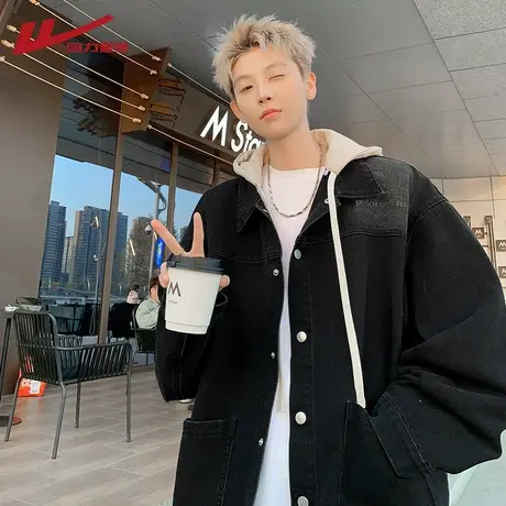 回力黑色可拆卸连帽牛仔夹克男士2025新款春秋潮牌设计感牛仔外套图片