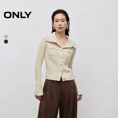 ONLY2025秋季新款显瘦纵向坑条纹单排扣翻领短款开衫长袖针织衫女商品大图