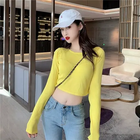 轻薄款荧光黄长袖短款爵士舞蹈上衣微透视网红防晒jazz跳舞t恤女商品大图