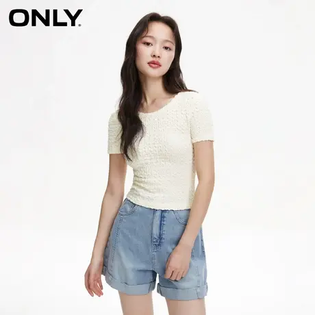 ONLY奥莱夏季时尚泡泡褶皱面料圆领修身短款T恤女图片