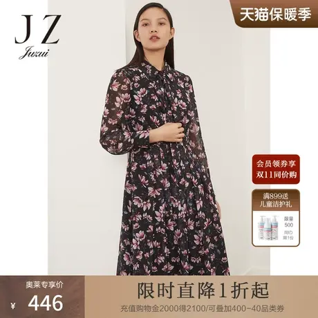 JUZUI玖姿奥莱春秋新款优雅大花型印花气质系带收腰女雪纺连衣裙商品大图