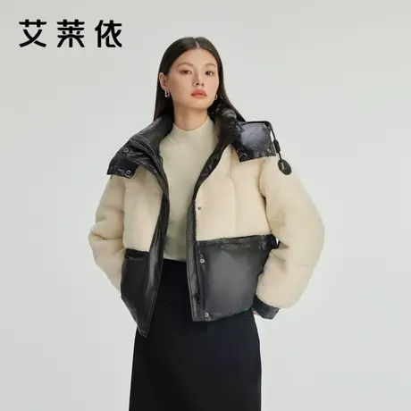 艾莱依撞色羽绒服新款连帽短款时尚拼接仿羊羔毛保暖防风宽松外套商品大图