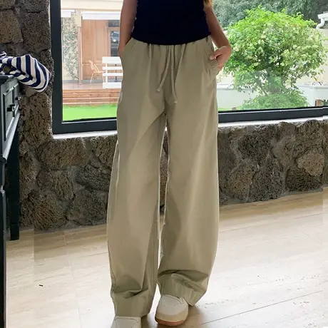 尔给休闲裤高腰宽松直筒休闲裤女阔腿显瘦绑带长裤女商品大图