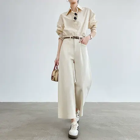 八分天丝莱赛尔牛仔阔腿裤女夏季薄款宽松直筒小个子九分杏色裤子商品大图