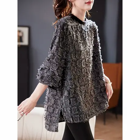 宝诗黎圆领格子流苏卫衣女2025春季新款韩版宽松洋气百搭休闲上衣商品大图