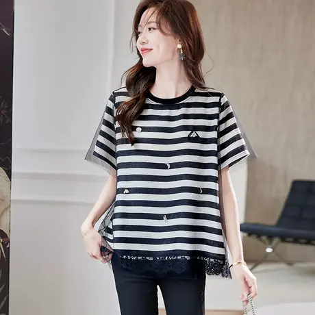 宝诗黎网纱拼接条纹短袖T恤2025夏季洋气设计感宽松休闲女装上衣图片