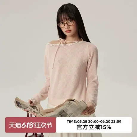 omont蛋挞家复古假两件蕾丝露肩毛衣2025春一字领修身针织衫上衣商品大图