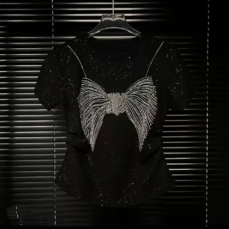 重工烫钻蝴蝶结短袖T恤女夏季2025新款欧货小衫修身圆领短款上衣商品大图