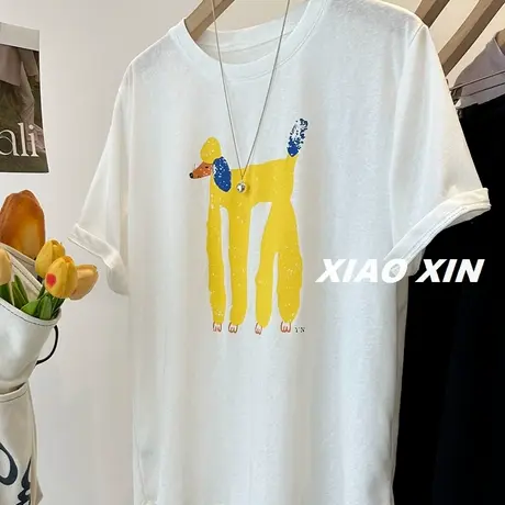 萌萌哒好看~韩系卡通长腿羊驼印花短袖T恤 夏季休闲雪花棉上衣tee图片