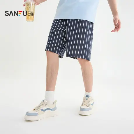三福2025夏季男士满版条纹中裤 休闲宽松橡筋腰头裤子504050图片