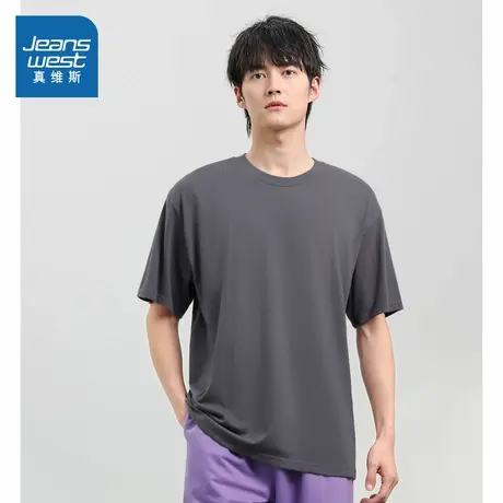 LE真维斯男女同款短袖T恤2024夏季新品时尚舒适纯色圆领体恤衫男商品大图