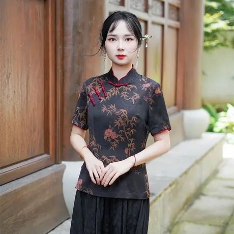 筠雅夏季新款唐装上衣女改良复古减龄斜襟短袖女25J241图片