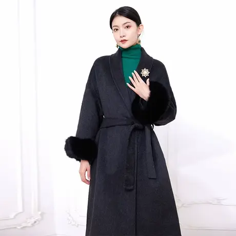 希区瑞普慵懒风深灰双面呢大衣秋冬可拆卸毛袖中长款羊毛外套女图片