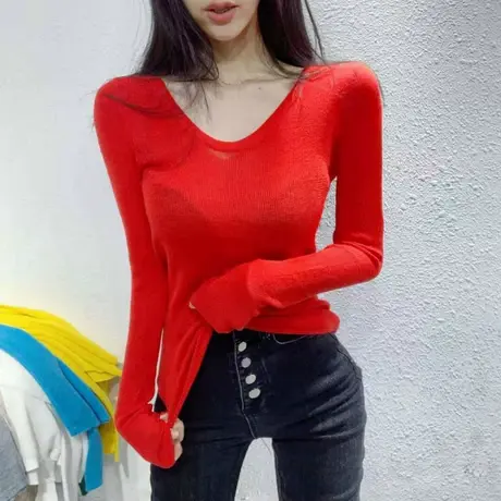 v领针织衫薄款长袖t恤红色女士毛衣2021年秋装新款修身打底衫上衣图片